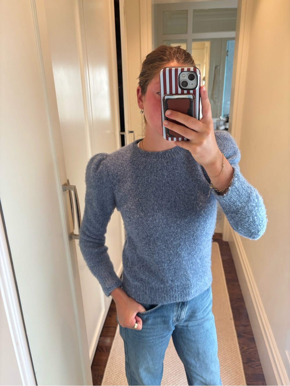 CO Light Blue Puff-Shoulder Crewneck Sweater
